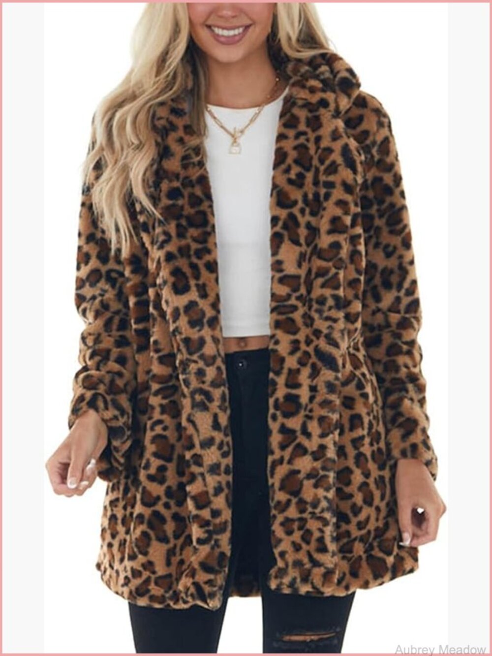 Faux Fur Jacket Leopard Coat Open Front Long Sleeve with Pockets